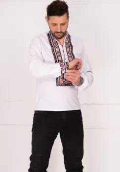 Ie barbateasca din bumbac alba cu motive populare imagine