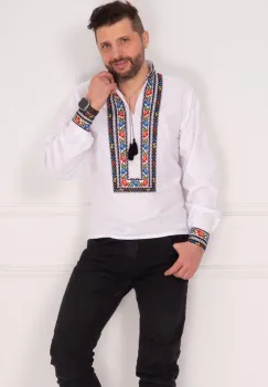 Ie barbateasca din bumbac alba cu motive populare multicolore imagine