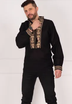 Ie barbateasca traditionala neagra din bumbac cu broderie din matase aurie imagine