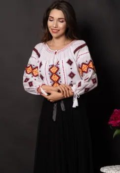 Ie dama din bumbac Dulcinea cu romburi portocalii brodate imagine