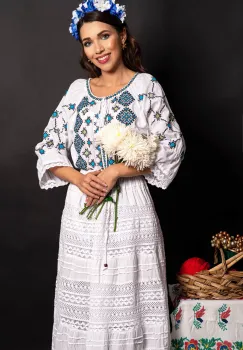 Ie dama traditionala Aneta din bumbac alb cu broderie in romb imagine