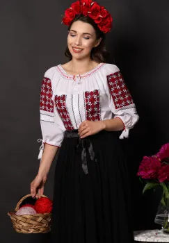 Ie dama traditionala Francisca din bumbac cu broderie rosie imagine