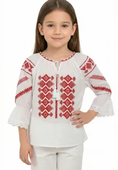 Ie fetita alba Daiana din bumbac cu broderie in simbolul rombului imagine