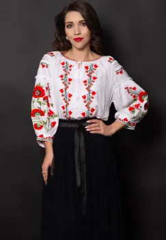 Ie traditionala alba Aida cu maci rosii brodati imagine