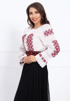 Ie traditionala alba din bumbac cu broderie rosu-negru imagine