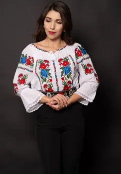 Ie traditionala dama din bumbac alb Loredana cu broderie multicolora imagine