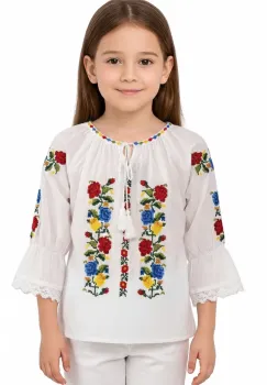 Ie traditionala fetita Miruna din bumbac cu trandafiri brodati imagine