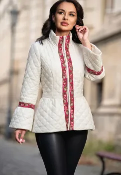 Jacheta dama alba cu banda brodata ciclame si peplum imagine