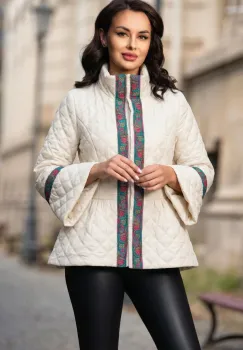 Jacheta dama alba cu banda brodata turquoise si peplum imagine