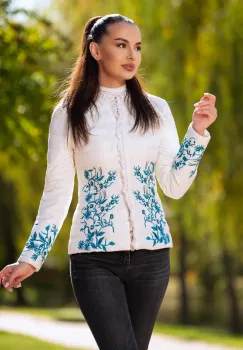 Jacheta dama eleganta ivoire cu broderie turquoise imagine