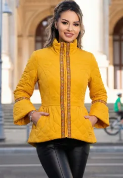 Jacheta dama galbena cu banda brodata si peplum imagine