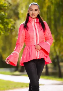 Jacheta dama roz neon cu broderie aplicata si peplum imagine