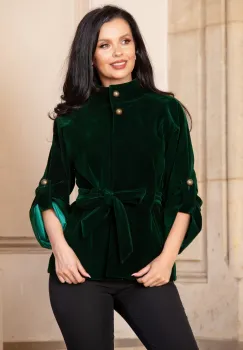 Jacheta din catifea verde cu maneca reglabila si guler inalt imagine