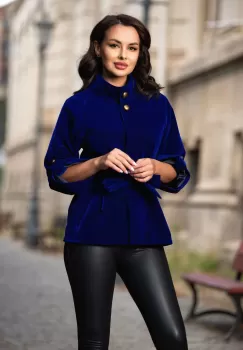 Jacheta Effect din catifea albastru royal cu maneca reglabila si guler inalt imagine