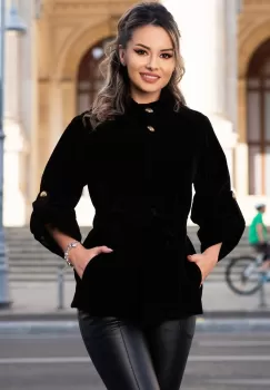 Jacheta Effect din catifea neagra cu maneca reglabila si guler inalt imagine
