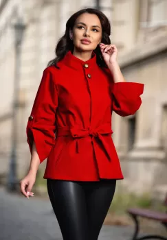 Jacheta Effect din catifea rosie cu maneca reglabila si guler inalt imagine