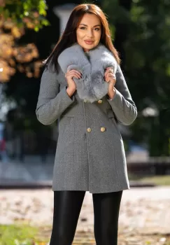 Palton dama Anastasia gri din stofa cu guler din blana ecologica detasabila imagine