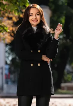 Palton dama Anastasia negru din stofa cu guler din blana ecologica detasabila imagine