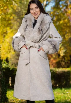 Palton dama bej elegant Fabiola din stofa cu guler din blana imagine