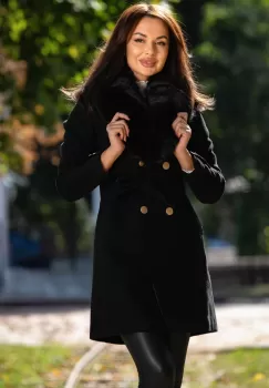 Palton dama din stofa Patricia negru cu guler din blana si nasturi la mansete imagine