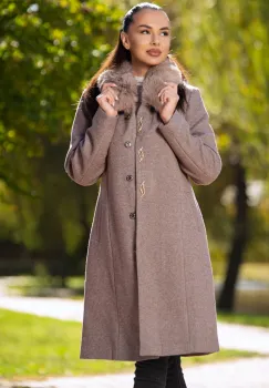 Palton dama elegant aluna Anais din stofa cu guler din blana imagine