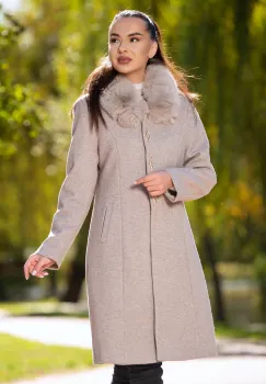 Palton dama elegant bej Anais din stofa cu guler din blana imagine
