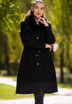 Palton dama elegant negru Anais din stofa cu guler din blana imagine