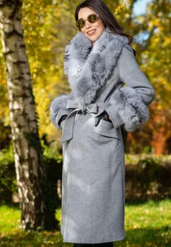 Palton dama gri elegant Fabiola din stofa cu guler din blana imagine