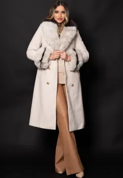 Palton dama lung elegant Aleksandra din stofa bej cu blana eco imagine