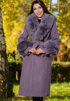 Palton dama mov elegant Fabiola din stofa cu guler din blana imagine