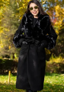 Palton dama negru elegant Fabiola din stofa cu guler din blana imagine