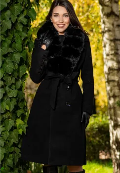 Palton dama negru lung Flavia elegant cu blana la guler imagine