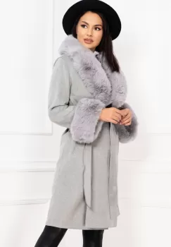 Palton din casmir Margaery gri cu guler si mansete din blana ecologica imagine