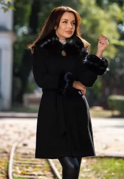 Palton din lana Polly negru cu blanita la guler si mansete imagine