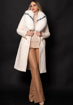 Palton din stofa crem matlasat Amarah cu blana ecologica imagine