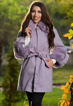 Palton din stofa lila elegant cu insertii din blana ecologica imagine