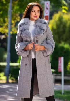 Palton din stofa Nadira gri cu blana la guler si mansete imagine
