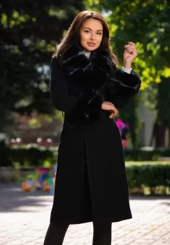 Palton din stofa Nadira negru cu blana la guler si mansete imagine