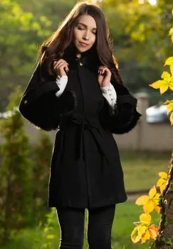 Palton din stofa negru elegant cu insertii din blana ecologica imagine