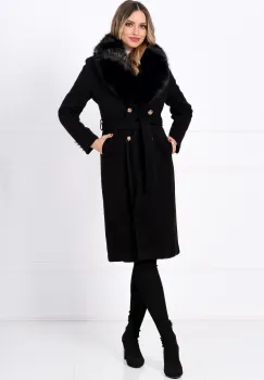 Palton din stofa negru matlasat Amarah cu blana ecologica imagine