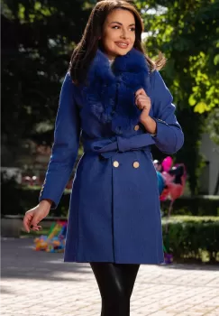 Palton din stofa Patricia albastru cu guler din blana si nasturi la mansete imagine