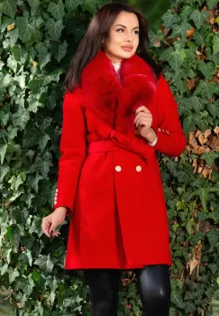 Palton din stofa Patricia rosu cu guler din blana si nasturi la mansete imagine