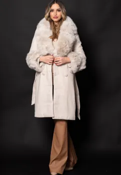 Palton elegant bej Kalina din stofa cu blana la guler si mansete imagine