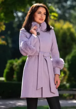 Palton elegant lila captusit Lyana din lana cu insertii de blana imagine