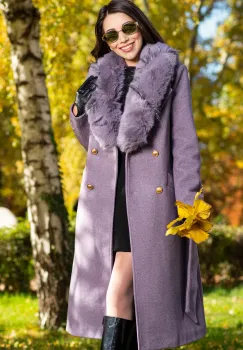 Palton elegant lung din stofa mov cu guler din blana ecologica imagine