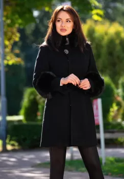 Palton elegant Lyana din lana negru captusit pe interior cu insertii de blana imagine