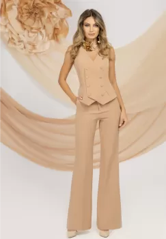 Pantaloni bej office evazati Pretty Girl cu talie inalta imagine