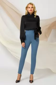 Pantaloni dama office Pretty Girl bleu cu talie inalta si funda neagra satinata imagine