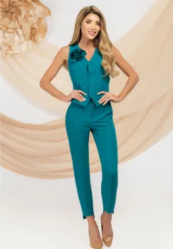 Pantaloni dama office turquoise conici cu tiv asimetric imagine