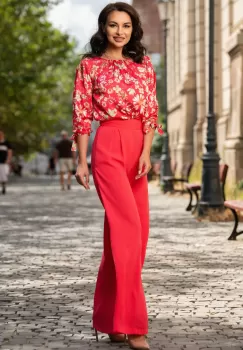 Pantaloni evazati corai din vascoza cu talie inalta imagine